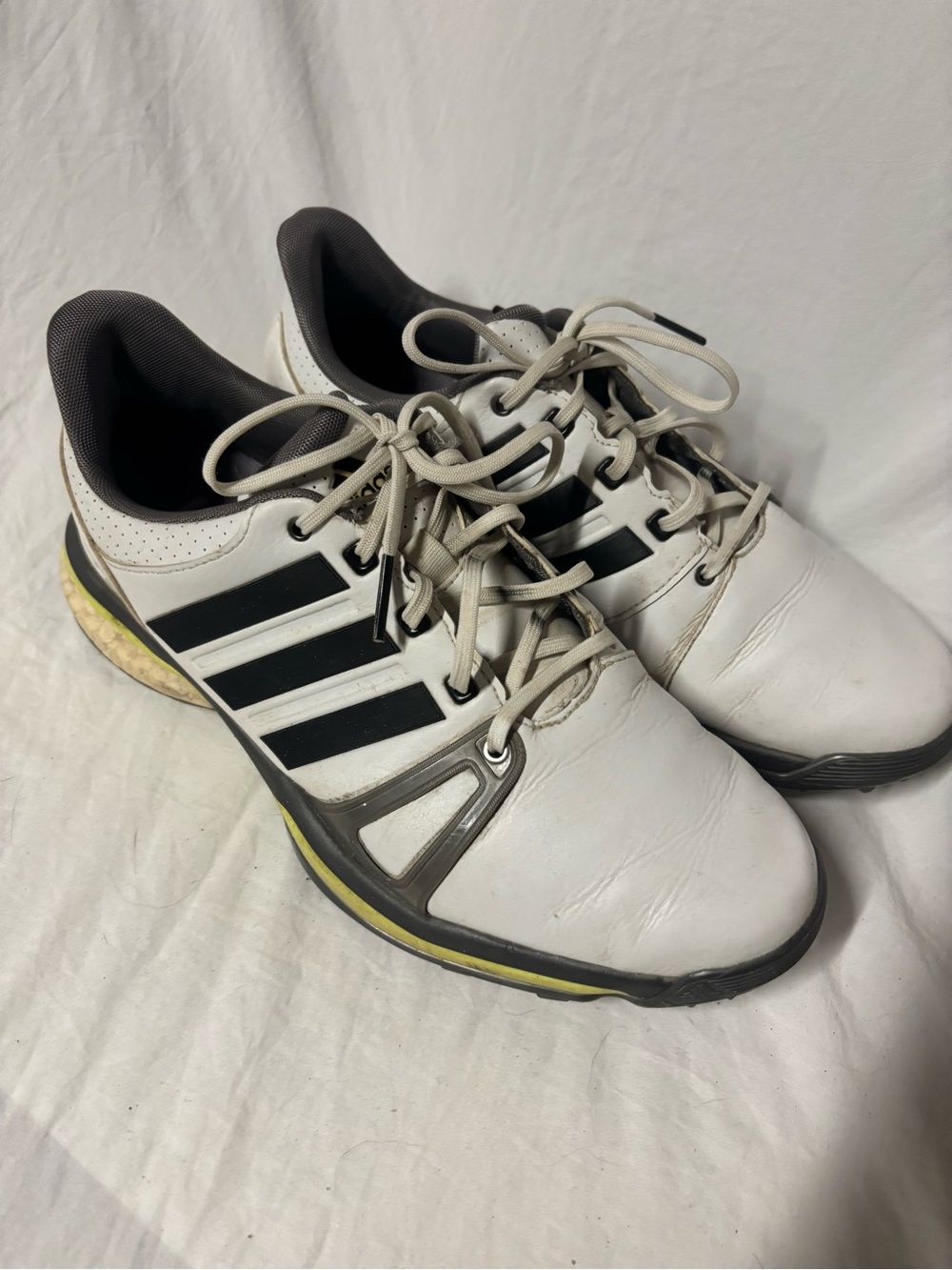Men's Adidas Boost White Athletic Golf Shoes with Black Stripes